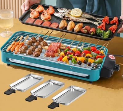 WK 3-in-1 Elektrische Grill 46×22.5 cm | BBQ-plaat + Bakplaat + 3 Mini-pannetjes | 1350W Hoog Vermogen | 5-standen Temperatuurregeling | Antiaanbak & Eenvoudig te Reinigen | Perfect voor Thuis & Feestjes
