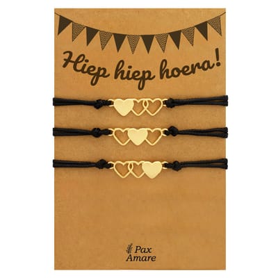 Vriendschapsarmbandjes voor 3 "Hiep Hiep Hoera" - Hartjes - BFF Armbandjes met Verjaardags Cadeau Kaartje - Goudkleurig - Elastisch Verstelbaar - Pax Amare