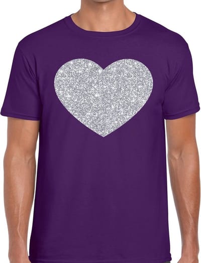 Glitter and Glamour hartje print - in het zilver - t-shirt in het paars - voor heren - Love - Vrijgezellenfeest - Foute Party S