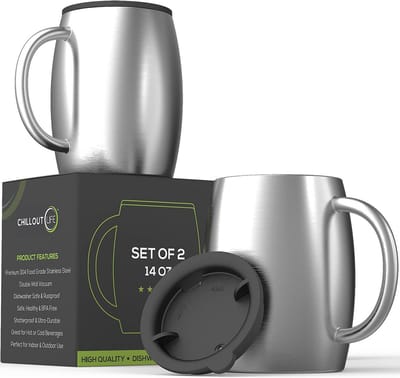 Set van 2 Geïsoleerde Koffiemokken RVS - Dubbelwandig met Morsbestendig Deksel
