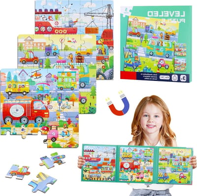 3-in-1 Magnetisch Puzzelboek voor Kinderen - 25-30-42 Stukken, Ideaal voor Auto- en Vliegtuigreizen vanaf 3 Jaar