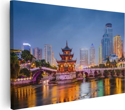 Artaza Canvas Schilderij Skyline - 60x40 cm - Wanddecoratie Stad - Muurdecoratie Pagode Nacht - Schilderijen Op Canvas