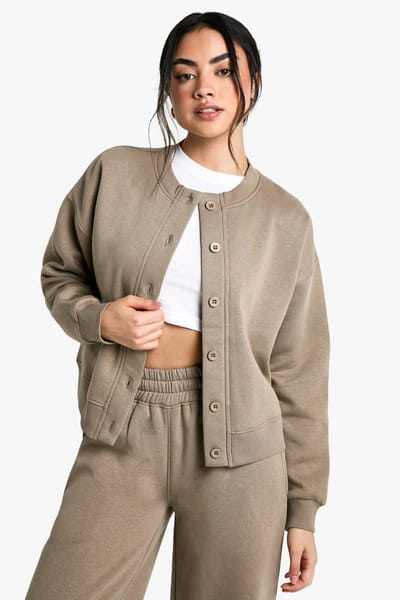 boohoo Dames Fleece Cardigan met Hoge Kraag | Kaki | Maat: Large