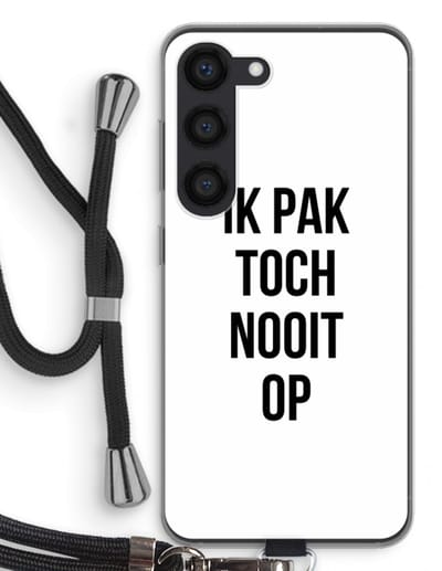 Case Company® - Hoesje met koord geschikt voor Samsung Galaxy S23 hoesje met Koord - Ik pak nooit op - Telefoonhoesje met Zwart Koord - Bescherming aan alle Kanten en Over de Schermrand