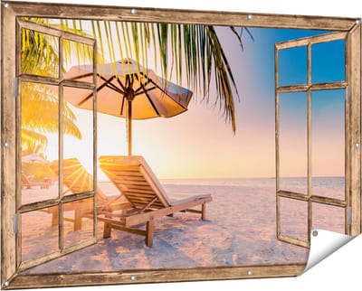 Gards Tuinposter Doorkijk Tropisch Strand tijdens Zonsondergang - 150x100 cm - Tuindoek - Tuindecoratie - Wanddecoratie buiten - Tuinschilderij