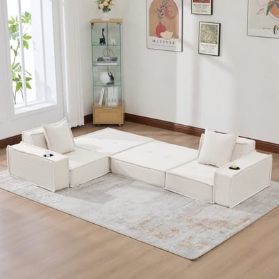 DESMIU Slaapbank 162 x 78 x 66 cm - Modulaire 2-Zits Met Zijvakken, Bekerhouders En 2 Kussens - Voor Leeshoek En Speelkamer - Corduroy Beige
