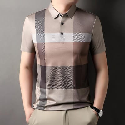 Zomer Heren T-shirt Revers Korte Mouw T-shirt Halve Mouw Poloshirt Middelbare Leeftijd Vrije Tijd Herenkleding Nieuwe Kleding Ruit Top XXXL gray