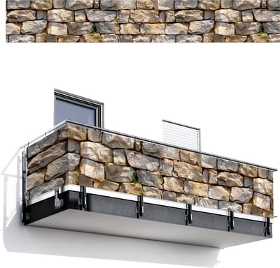 Balkonscherm 500x75 cm - Balkonposter Stenen - Beige - Grijs - Planten - Balkon scherm decoratie - Balkonschermen - Balkondoek zonnescherm