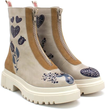 Goby Dames Boots – Hart en Hertenprint – Handgemaakt Vegan Leer – Comfortabele Plateau Boots – Maat 38