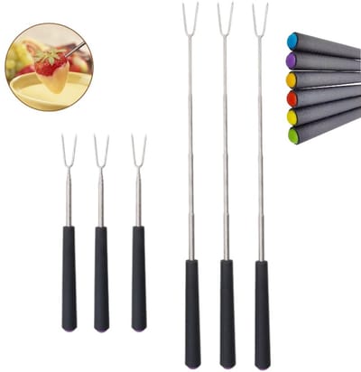 6 stuks - Uitschuifbare chocoladefonduevork van roestvrij staal - Fonduevork en spies van roestvrij staal - Uitschuifbaar - Roostervork voor marshmallows - BBQ-spies - Met hittebestendig handvat - Kleurrijke fondueset - Willekeurige kleuren