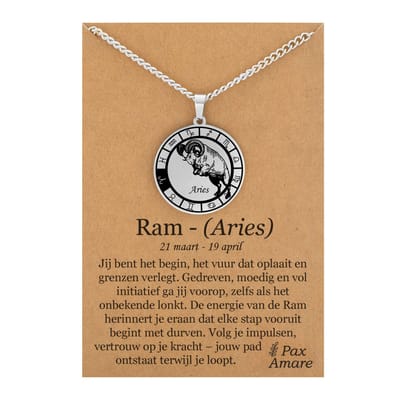 Sterrenbeeld Ram (Aries) Ketting op Cadeau Kaartje - Zilverkleurig - Roestvrij Staal Zodiac Talisman - Stainless Steel - 60cm - Pax Amare