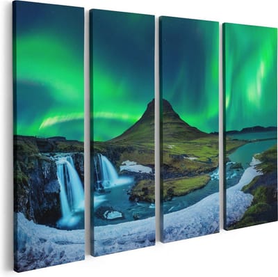 Artaza Canvas Schilderij Vierluik Noorderlicht bij de Watervallen in IJsland - 80x60 - Foto Op Canvas - Canvas Print