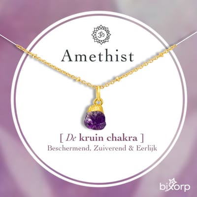 Bixorp Amethist Chakra Ketting - Goud Vergulden Roestvrij Staal - Ruwe Edelsteen Hanger - 36cm + 8cm verstelbaar