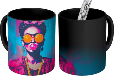 Magische Mok - Foto op Warmte Mokken - Koffiemok - Vrouw - Kauwgom - Zonnebril - Oranje - Magic Mok - Beker - 350 ML - Theemok