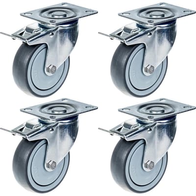 100 mm (4") zwenkwiel met grijze rubberen loopvlak en rem, draagvermogen 440 kg, set van 4
