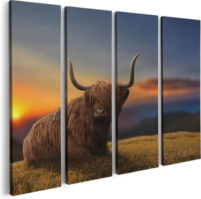 Artaza Canvas Schilderij Vierluik Schotse Hooglander Koe Op Een Heuvel - 80x60 - Foto Op Canvas - Canvas Print