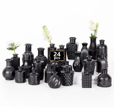Dailygoods- Bloemenvazen Set van 24 - Vintage Flessen - Tafeldecoratie - Bruiloftsdecoratie - Matzwart - Unieke Textuurontwerpen - Decoratieve Vazen