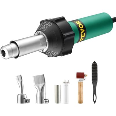 VEVOR Heteluchtlasapparaat voor kunststof, 1600W heteluchtpistool, 50-600°C PVC TPO Vinyl lasbrander, 5-delige heteluchtlasset en 2 platte mondstukken, 1 naadroller, borstel voor PP/PE/PVC platen