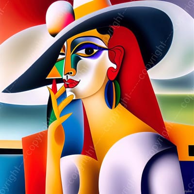 John Joseb Art (Glas) 60x60 | Vrouw, Picasso / Salvador Dali stijl, kleurrijk, felle kleuren, abstract, kunst, woonkamer slaapkamer | vierkant, portret, gezicht, tropisch, Zuid Amerika, goud, groen, geel, blauw, rood, modern | Foto-schilderij-glassc