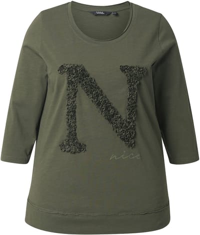 Ulla Popken - Dames - Shirt Nice Classic ronde hals 3/4-mouwen - Olijfgrijs - Maat 42+