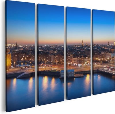 Artaza Canvas Schilderij Vierluik Amsterdam Centrum In De Nacht - 80x60 - Foto Op Canvas - Canvas Print