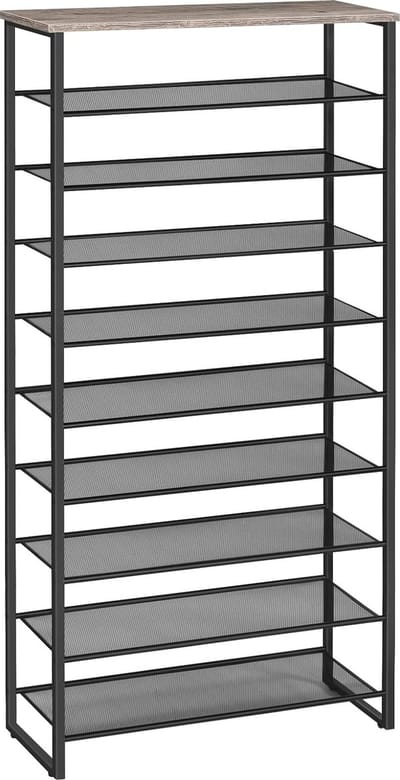 Schoenenrek met 10 niveaus, smal schoenenkast, schoen organisator voor 32-40 paar schoenen, metaal, voor hal, woonkamer, greige-zwart ​EBG107XJ01