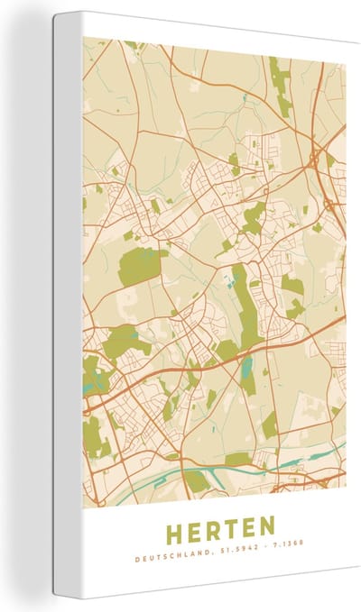 Canvas Schilderij Stadskaart - Herten - Kaart - Vintage - Plattegrond - 20x30 cm - Wanddecoratie