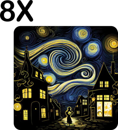Luxe Placemat - Abstracte Stad in de Nacht - Set van 8 Placemats - 50x50 cm - 2 mm dik Vinyl - Anti Slip - Afneembaar