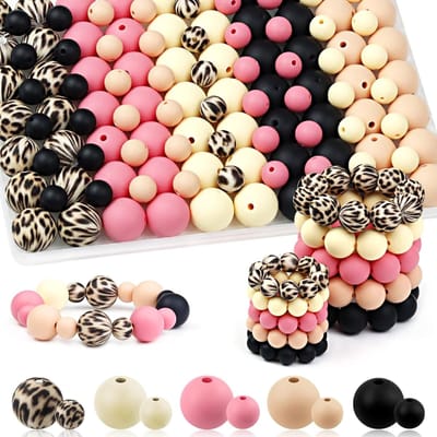 Kralen, 9 mm & 15 mm kleurrijke siliconen kralen voor armbanden, pennen, sieraden, DIY-knutselen, sleutelhangers maken (Roze Zwart)