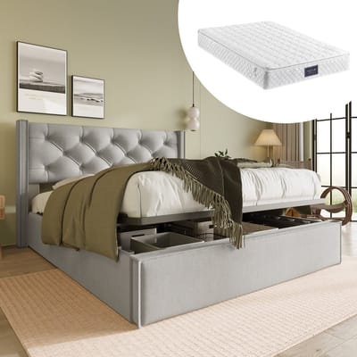 DESMIU Gestoffeerd Bed 140x200 cm – Met Opbergruimte En Gasveer – Met Matras – Voor Slaapkamer Of Logeerkamer – Katoen – Lichtgrijs