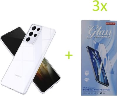 Soft Back Cover Hoesje Geschikt voor: Samsung Galaxy S21 Ultra Transparant TPU Siliconen Soft Case + 3X Tempered Glass Screenprotector