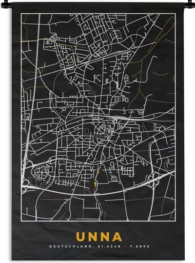 Wandkleed - Wanddoek - Duitsland – Black and Gold – Unna – Stadskaart – Kaart – Plattegrond - 120x180 cm - Wandtapijt