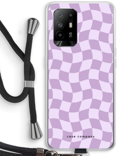 Case Company® - Hoesje met koord geschikt voor Oppo A94 5G hoesje met Koord - Grid Paars - Telefoonhoesje met Zwart Koord - Bescherming aan alle Kanten en Over de Schermrand