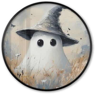 Poster in lijst Rond - Fotolijst 60x60 cm - Posters - Halloween - Spook - Heksenhoed - Abstract - Grijs - Ronde posterlijst zwart - Decoratie - Wanddecoratie woonkamer - Muurdecoratie slaapkamer