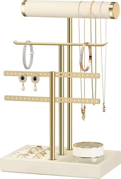 Sieradenstandaard met 3 Lagen en Verwijderbare T-Bars, Velours Organizer voor Armbanden, Kettingen, Horloges en Ringen, Beige Sieradenopslag en Decoratie