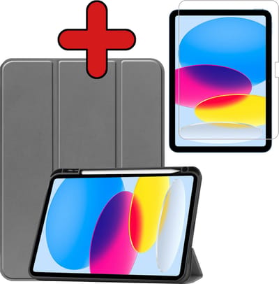 Hoesje - Geschikt voor Apple iPad A16/A18 (2022/2025/2026) - 10.9 & 11 inch (10e, 11e & 12e generatie) - Met Screenprotector - Trifold Bookcase Hoes - Hard Cover Case - Met Uitsparing Geschikt voor Apple Pencil - Hardcover Book - Tablethoes - Grijs