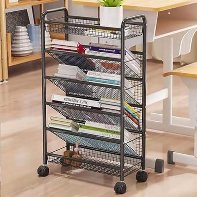Rolbare Boekenwagen - Metalen Opberger - Ruimte Optimaliseren - 6 Lagen - 5 Tier - Zwart