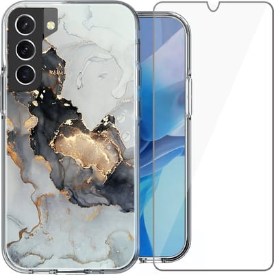 Hoesje geschikt voor Samsung Galaxy S22 - Siliconen Shock Proof Case Back Cover Hoes Marmer Goud + Screenprotector Gehard Glas Screen Protector