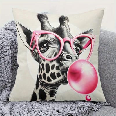 Grappige Giraffe Kussenhoes, Roze Bril Kauwgom Dierenprint Kussensloop, Moderne Woonkamer Bank Decoratie 60x60cm