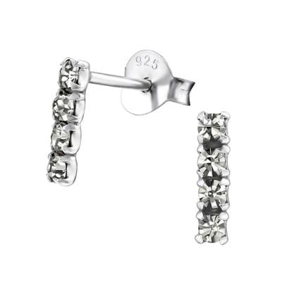 Joy|S - Zilveren bar / staaf oorbellen - 2 x 8 mm - black diamond / grijs kristal - oorknoppen