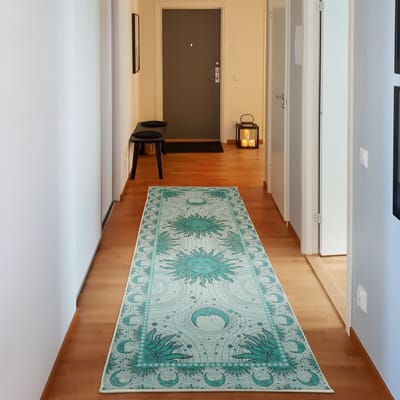 ABAKUHAUS Vloerkleed - Woonkamer Tapijt – zon en maan – 76 x 229 cm – donker zeegroen