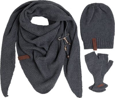 Knit Factory 3-delige Dames Winterset - Coco Omslagdoek - Coco Muts - Cleo Vingerloze Handschoenen - Set met sjaal, beanie en handschoenen voor dames - Antraciet