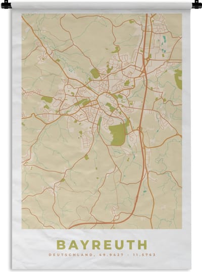 Wandkleed - Wanddoek - Plattegrond - Bayreuth - Stadskaart - Kaart - Vintage - 120x180 cm - Wandtapijt