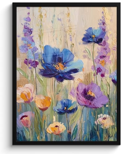 Poster in lijst - Fotolijst 50x70 cm - Posters - Zomers - Wilde bloemen - Penseelstreken - Posterlijst zwart - Decoratie - Wanddecoratie woonkamer - Muurdecoratie slaapkamer