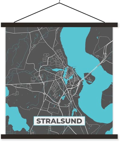 Posterhanger incl. Poster 60x60 cm - Schoolplaat - Blauw – Duitsland – Plattegrond – Gold – Stadskaart – Kaart – Stralsund - Textielposter - Zwarte latten - Stadskaart