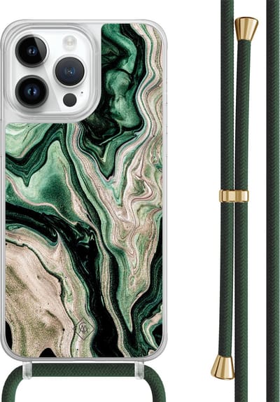 Casimoda® hoesje met groen koord - Geschikt voor iPhone 14 Pro Max - Groen marmer / Marble - Afneembaar koord - TPU/polycarbonaat - Zwart