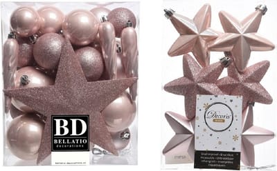 Kerstversiering kunststof kerstballen en hangers lichtroze 5-6-8 cm pakket van 39x stuks - Met ster vorm piek van 19 cm