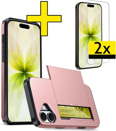Hoesje Geschikt voor iPhone 17 Hoesje Case Pashouder Hard Cover Met 2x Screenprotector - Hoes Geschikt voor iPhone 17 Hoesje Met Kaarthouder - Rosé goud