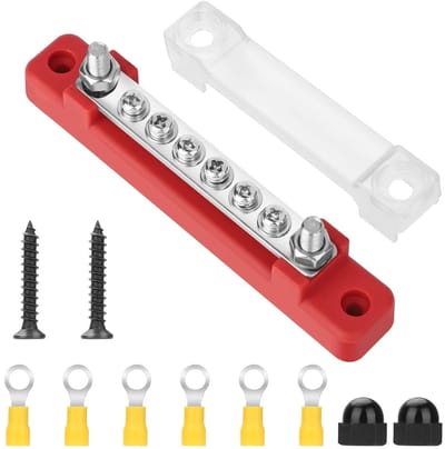150A Gemeenschappelijke Busbar Power Terminal Blocks met 2 M6 Bouten en 6 M4 Schroeven, 12V-48V DC Enkele Rij Bedekte Aarde Verdeler met 6 Draad Schoenen voor Auto, Boot en Marinegebruik