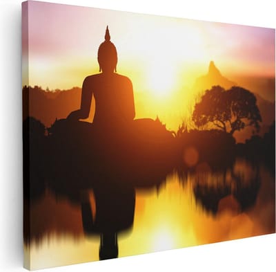 Artaza Canvas Schilderij Boeddha - 80x60 cm - Wanddecoratie Zonsondergang - Muurdecoratie Bergen - Spiritueel Schilderijen Op Canvas
